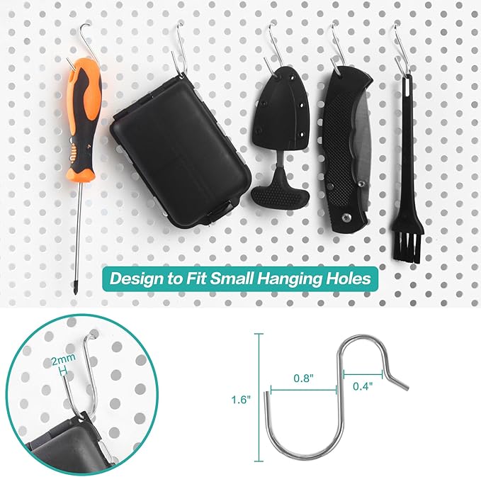 Small Pegboard J Hooks - 80pcs Metal Peg Board Hangers for Tiny Holes - Anti-fall Universal Fit Pegboard Wall Organizer Jewelry Tools Holders for Retailer Garage Craft Office Display Storage (Silver)