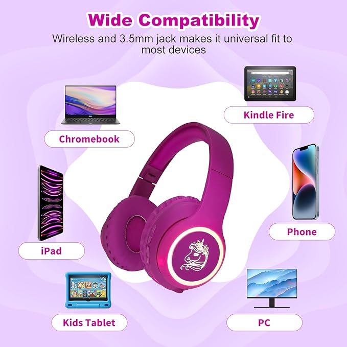 Unicorn Wireless Headphones, LED Light, up ，Kids Headphones Bluetooth with Microphone for School, Travel, Phone, Kindle, PC, TV, MP3 ((Violet)