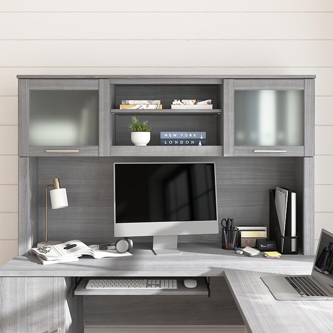 Bush Home 60-Inch Desk Hutch, Office Storage Organizer with Shelves, Cubbies and Frosted Glass Doors for Computer Desk, Home Office Furniture, Somerset Collection, Platinum Gray