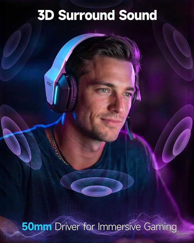 AOC Wired Gaming Headset, Surround Sound Headphones for Xbox Series X|S, PS5, PC, Switch, Noise Canceling Over-Ear Gaming Mic, 50mm Drivers, 3.5mm Jack, White