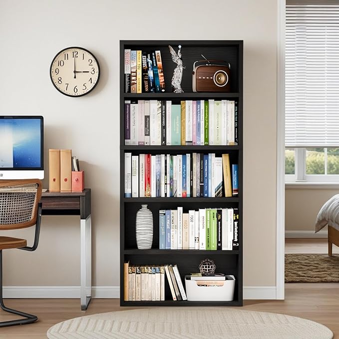 5-Tier Bookcase, Freestanding Wood Bookshelf, Open Storage Shelf, 53" Bookcase for Living Room, Bedroom, Home Office, Black