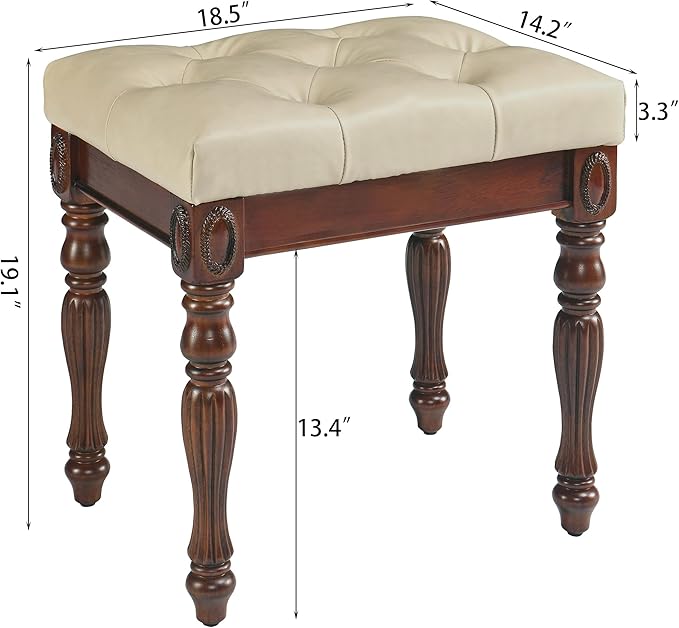 Vintage Wooden Writing Desk Stool Set, Large Secretary Desk and Cushioned Stool Set with 2 Drawers, 46" W Wood Writing Table Vanity Makeup Table Sets for Home Office-Cheery&Beige