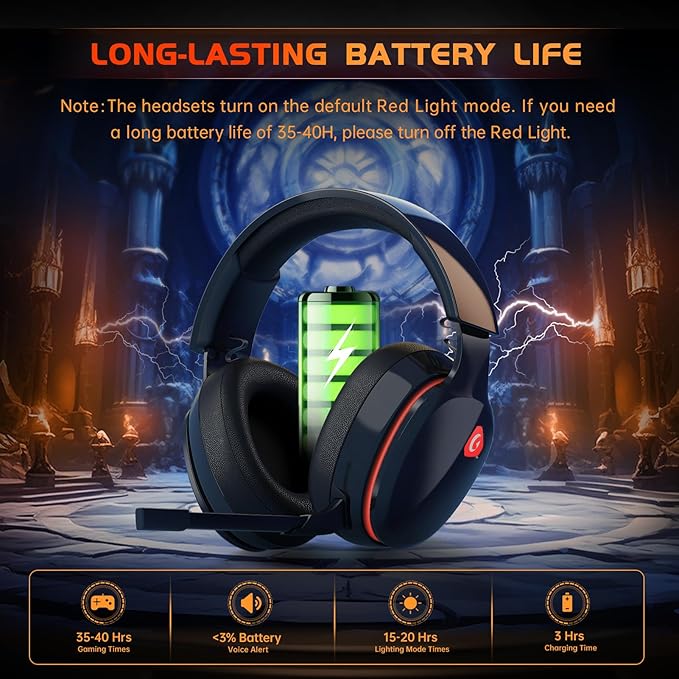 Gtheos 2.4GHz Wireless Gaming Headset for PS5, PS4 Fortnite & Call of Duty/FPS Gamers, PC, Nintendo Switch, Bluetooth 5.3 Gaming Headphones with Mic, Stereo Sound, Red Light -BlackRed