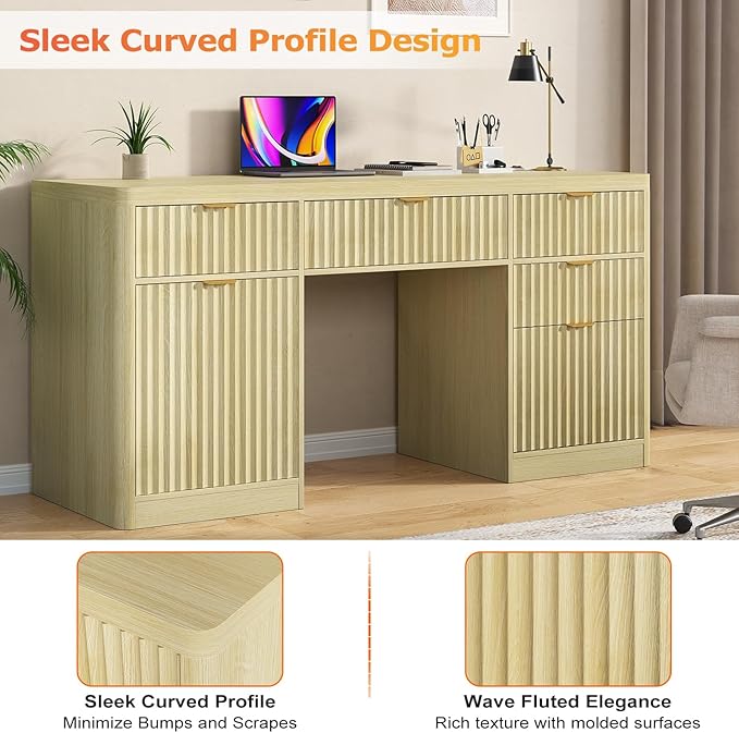 knoworld 58" Fluted Executive Desk with Storage & Charging Station Wood Modern Home Office 4 Drawers 1 File Cabinet Storage Computer Writing for Work Living Room Bedroom, Natural