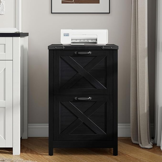 Vabches Vertical File Cabinet with 2 Drawers, Wooden Farmhouse Filing Cabinet for Letter/A4 Size Hanging Files, Under Desk Printer Stand with Storage for Home Office, Black