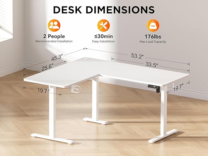 WALKINGDESK 55X45 Inches Reversible L Shaped Standing Desk Height Adjustable with Cup Holder, Electric Corner Computer Desk, Sit Stand up Home Office Desk, Ergonomic Gaming Desk, White