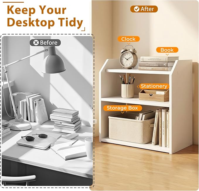 Tangkula 3-Tier Desktop Bookshelf, Wooden Countertop Bookcase with Guardrails, Space-Saving Desk Display Hutch Shelf, Modern Tabletop Storage Organizer for Study Room, Office and Dormitory (2,White)