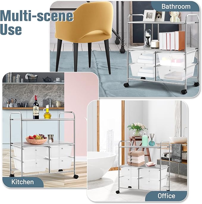 Moccha Rolling Storage Cart with 4 Drawers - Storage Drawers Organizer with wheels for Craft Art Supply Paper Salon, Scrapbook Paper Tools, Movable Utility Cart for Classroom School Studio, Clear