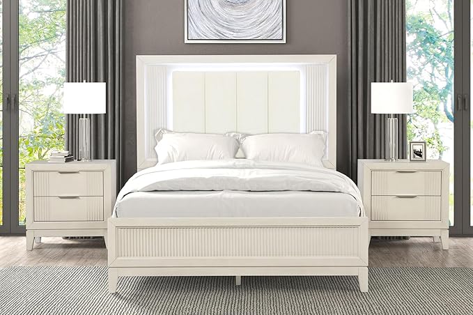 GOWE Antique White 3pc Bedroom Set Queen Size Bed 2X Nightstands LED Headboard Bedroom Furniture Transitional Style Antique White Color Fabric, Foam, Solid Wood, Birch Veneer