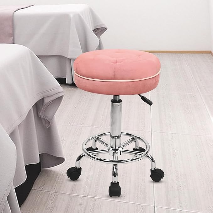 KLASIKA Velet Rolling Bar Stool with Wheels, Tall Drafting Stool with Adjustable Height and Footrest, Multi-Purpose Office Desk Chair for Home Kitchen Shop Work, Pink (2PK)
