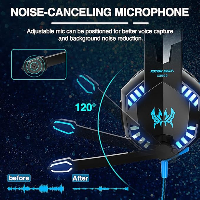 VersionTECH. G2000 Gaming Headset, Bass Surround Gaming Headphones with Noise Cancelling Mic, LED Lights, Soft Memory Earmuffs for PS5/ PS4/ Xbox One Controller/Laptop/PC/Mac/Nintendo NES Games-Blue