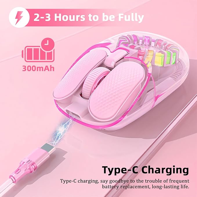 Wireless Bluetooth Mouse, Transparent BT+2.4G Dual-Mode Gaming Mouse with Magnetic Top Cover, Rechargeable RGB Backlit Computer Mouse for Laptop, PC, MacBook, iPad (Pink)