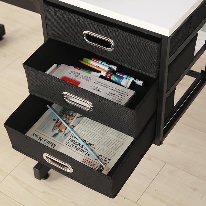 Wood Drafting Table and Stool Set, Drawing Table Artist Desk with 3 Storage Drawers for Home Office and School (White+Black)