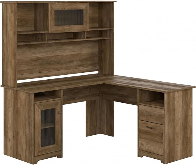Bush Furniture Cabot L Shaped Desk with Hutch, Corner Desk with Storage for Home Office in Reclaimed Pine, 60W L Shaped Computer Desk