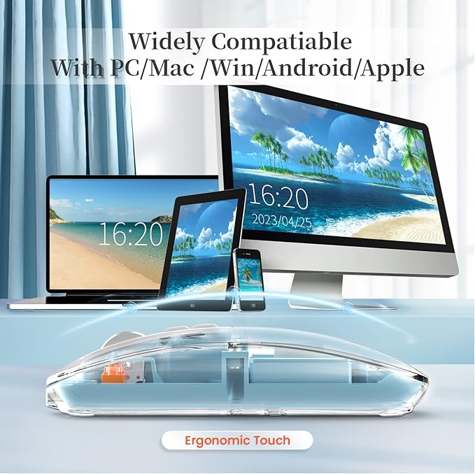 A.JAZZ Wireless Bluetooth5.1&2.4G Mini Lightweight Mouse,Transparent Clear Cool,Rechargeable Silent Computer Mice,Nano USB C Receiver,LED Battery Magic Silm for Office/PC/Mac/Laptop/Apple/ipad(Blue)