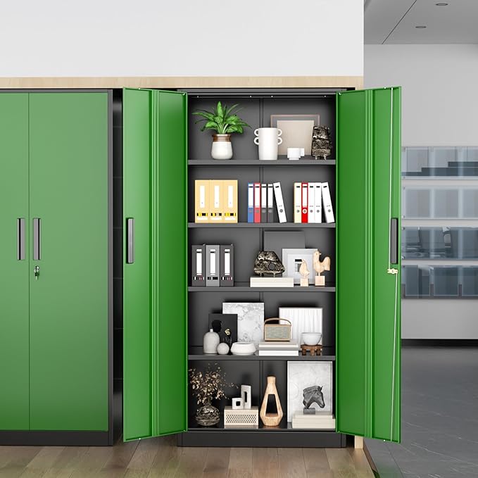 Greenvelly Metal Storage Cabinet, Steel Garage Cabinet with Doors and Adjustable Shelves, Metal Cabinet with Lock,Tall Metal Office Storage Cabinet for Garage,Home Office,School (Black Green)