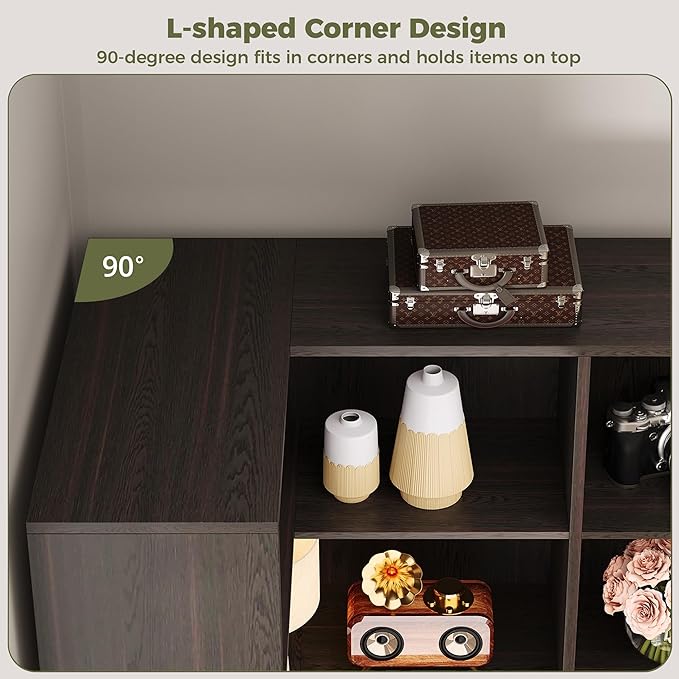 IRONCK Corner Bookshelf, 76" Tall Corner Bookshelves, 6 Tiers L-Shaped Bookcase with 10 Open Shelves and 2 Storage Drawers for Living Room or Home Office, Dark Brown
