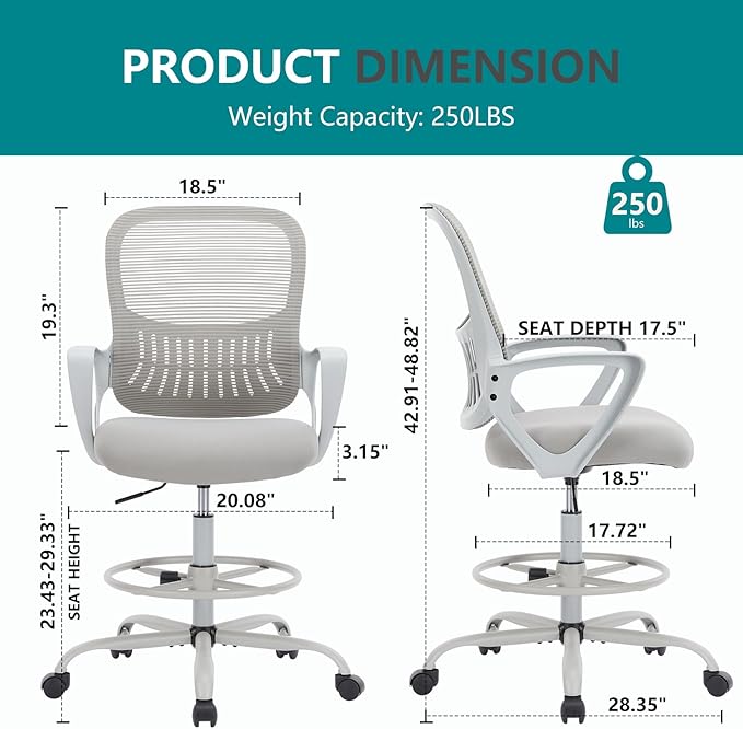 DUMOS Drafting Chair - Ergonomic Tall Office for Standing Desk, Counter with Height Adjustable and Comfortable Lumbar Support, Fixed Armrests, Grey