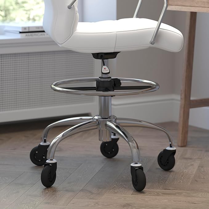 Flash Furniture Lexi Mid-Back Drafting Chair with Adjustable Foot Ring - White LeatherSoft Upholstery - Chrome Base - Roller Wheels