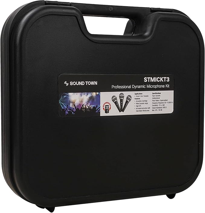 Sound Town 3-piece Professional Handheld Dynamic Microphone Kit with Carry Case, Mic Clips, 26ft XLR to 1/4" Audio Cables (STMICKT3)