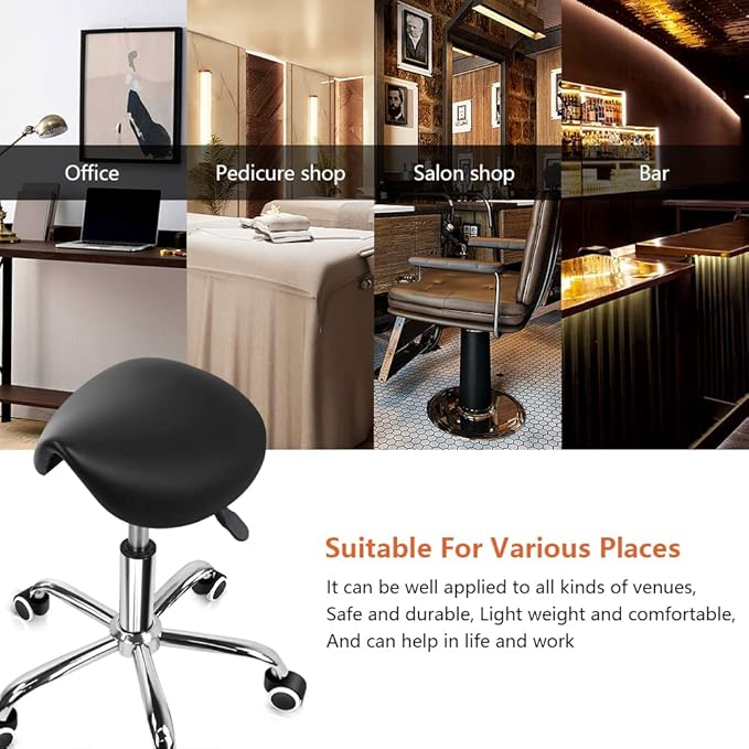 KKTONER Rolling Saddle Stool PU Leather Swivel Adjustable Rolling Stool with Wheels Salon Chair Black