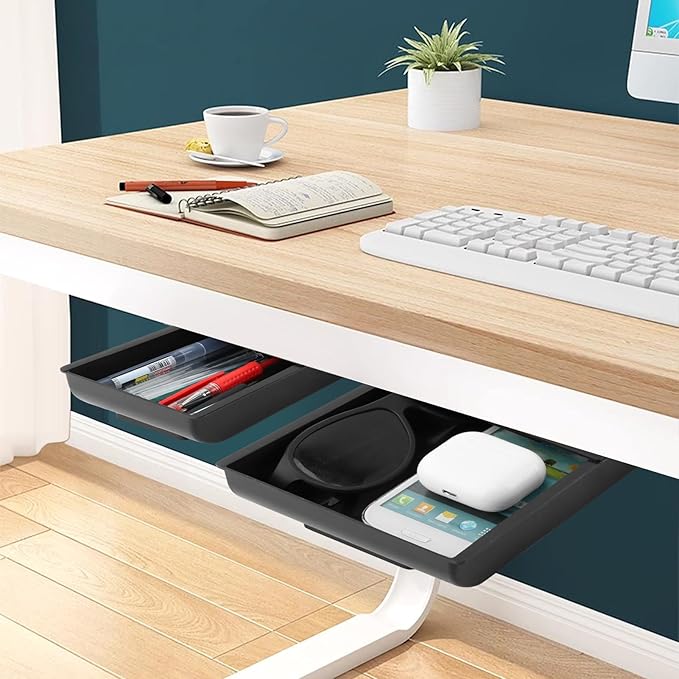 2pcs Under Desk Drawer, Self-Adhesive Slide Out Storage Organizer Attachable Pencil Storage Tray Under Table for Office Home Kitchen Organization(COLOR:Black)