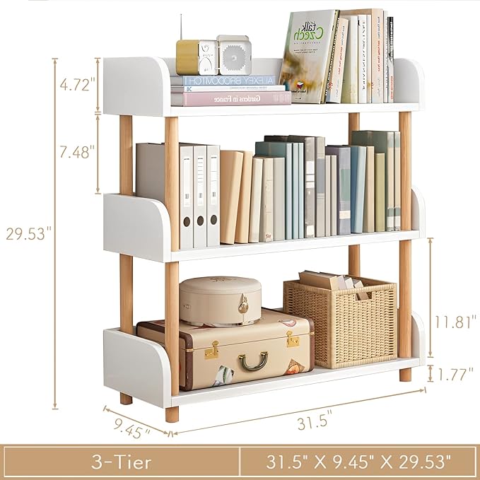 OSCHF 3-Tier Wooden Open Bookcase - Modern Display Bookshelf with Top Edge and Solid Wood Frame for Home and Office, Storage Cabinet, Warm White
