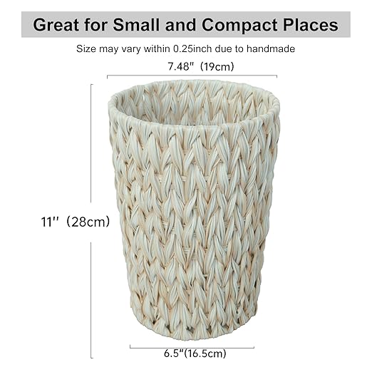 Coeusy Wicker Trash Can,Bathroom Trash Can,Wicker Waste Basket for Bathroom,Decorative Boho Small Waste Basket for Bedroom,Office,Cream White 2 Gallon