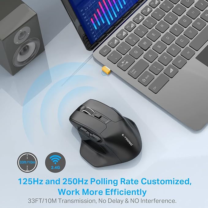 E-YOOSO Large Wireless Mouse for Big Hands, X-31 Cordless Ergo Computer Mouse, 6 Buttons, 5-Level 4800 DPI, 18 Months Battery Life, for Laptop, PC, Chromebook (Black)