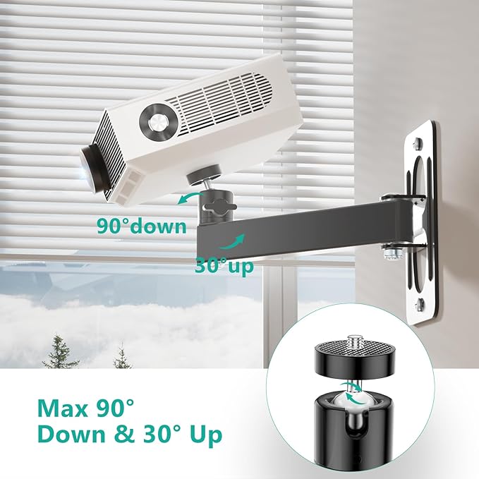 WALI Mini Projector Wall Mount, Full Motion Adjustable Bracket for 1/4" M4 M6 Screws, Hanging Holder for Small Projectors, Supports up to 4.4lbs - 1330LM-PMS, Black