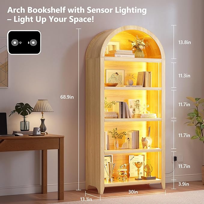 Arch Bookcase - 5 Layers Bookshelf with 3 Colors LED Sensor Lights and Thickened Wooden Design Display Shelf for Lego Books Bathroom Living Room - Ideal Gift (Light Wood)