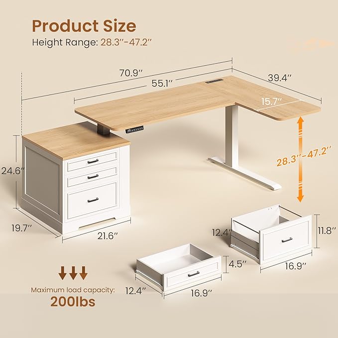 SEDETA Farmhouse L Shaped Electric Standing Desk, 70.9" x 39.4" Height Adjustable Office Executive Desk with 3 Drawers, Standing Computer Desks with Power Outlet for Home Office, Oak