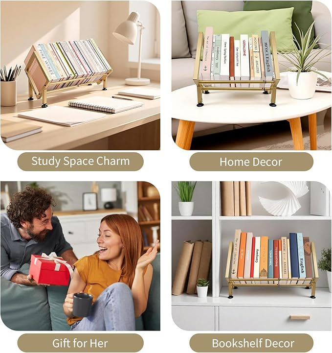 Expandable Desktop Bookshelf Organizer, Small Tabletop Book Storage Rack, Portable Mini Bookcase for Books/CDs/Magazine Display, Desk Shelf for Top of Desk in Living Room, Office, Home Decor (Gold)
