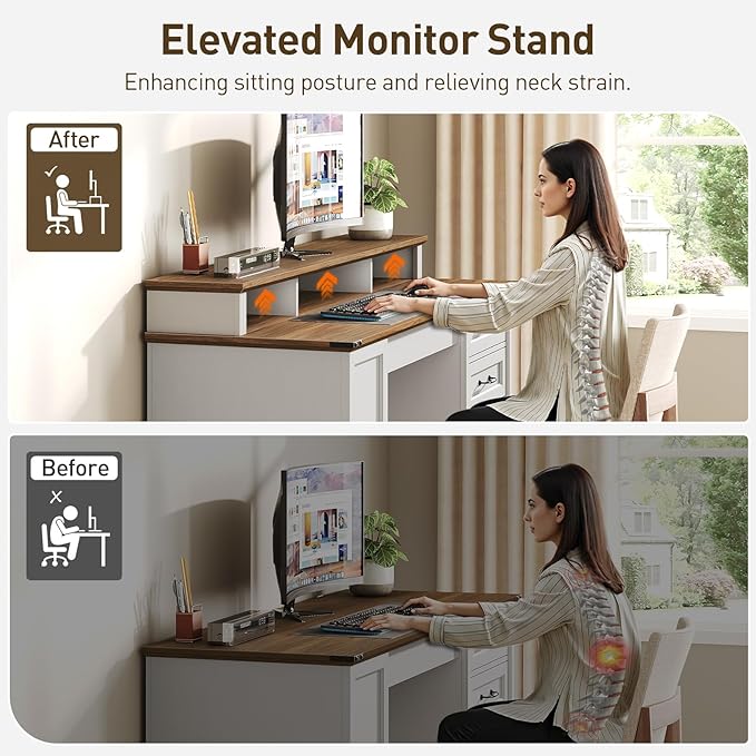 RALGEND 2 Pack 55'' Farmhouse Executive Desk with Drawers, Computer Desk with File Cabinet and Side Bookshelf, Writing Gaming Desk with Monitor Stand, White and Walnut