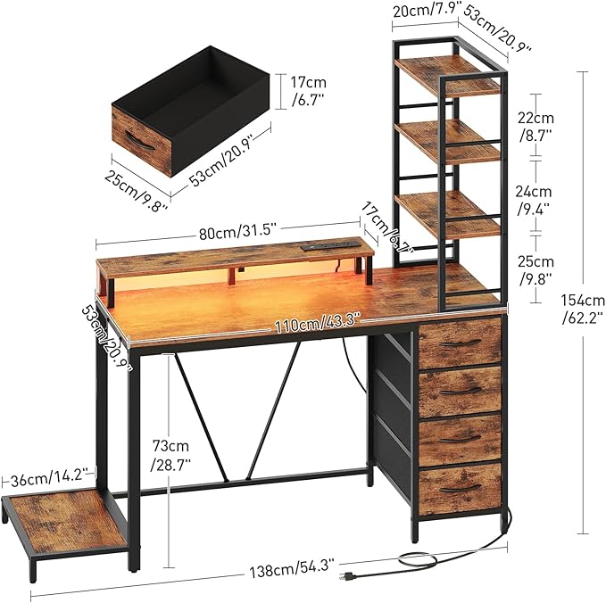 RALGEND 43.3 Inch Computer Desk with 4 Fabric Drawers, Gaming Desk with Storage, Shelves & Power Outlet, Industrial Gaming Desk with Hutch, LED Lights and Monitor Stand, for Home Office, Rustic Brown