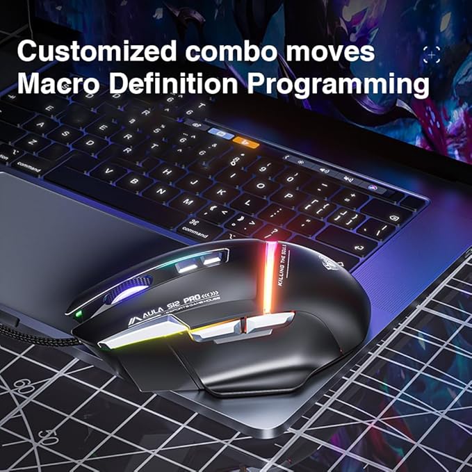 AULA S12Pro Wired Gaming Mouse,12800 DPI Optical Gamer Mouse with RGB Backlit,8 Programmable Buttons,Software Supports DIY Keybinds Rapid Fire Button