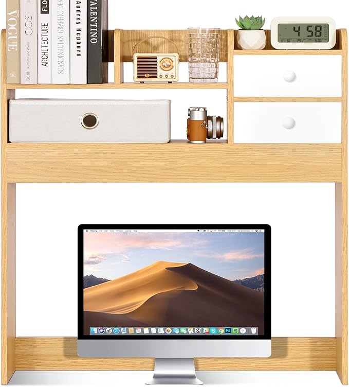 YGYQZ Wood Desk Shelf Organizer, Desk Hutch Top Only, Countertop Storage Hutch with 4 Shelves for Computer Desk，2-Tier with Cabinet Door Rack for Office, Home, Dorm，Natural