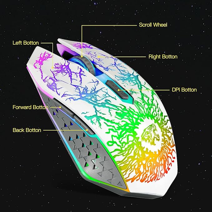 VEGCOO Wireless Gaming Mouse, Rechargeable Gaming Mouse, Silent Optical Mice with 2.4G USB Receiver, 3 Level DPI, 6 Buttons, 7 Colors LED Lights for PC/Mac Gamer, Laptop and Desktop