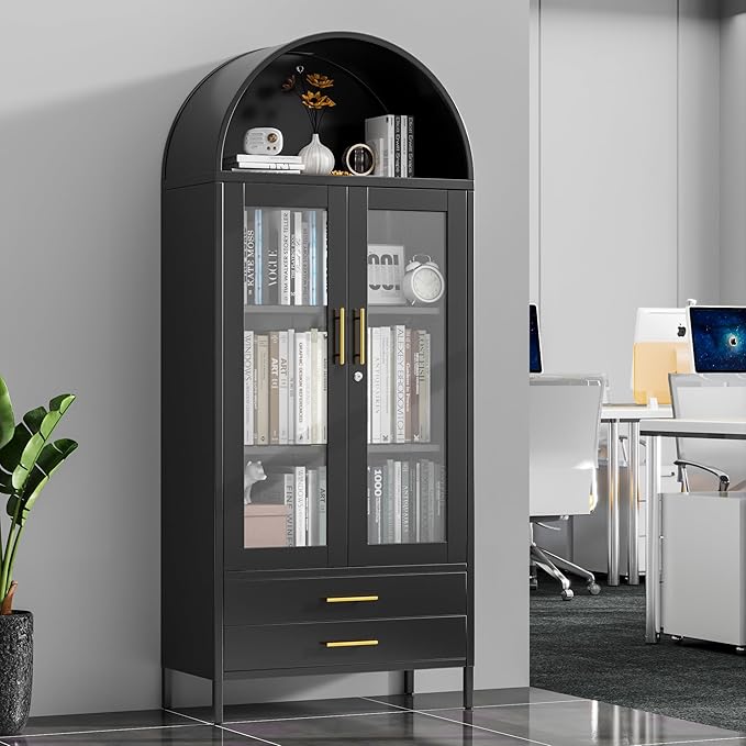73’’ Tall Arched Bookcase with Glass Doors, Arched Cabinet with Lock and Adjustable Shelves, Metal Display Cabinet with 2 Drawers for Home Office,Required Assembly,Black