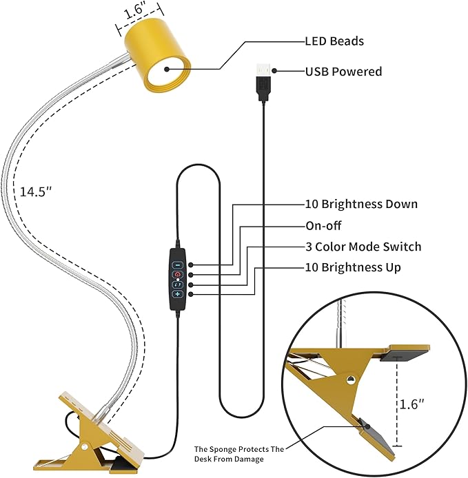 Dott Arts Desk Lamp,USB Clip On Light with 3 Color Modes,LED 10 Levels Brightness Reading Lamp, 360° Gooseneck Book Light,Eye-Care Reading Light for Home Office,Headboards Gold, DA-3.5W-01