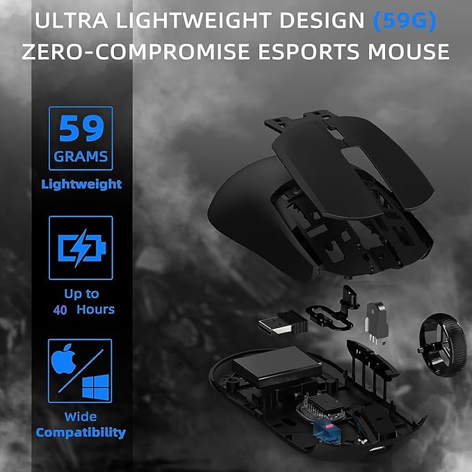 A.JAZZ AJ139 G Pro Wireless Gaming Mouse Ultra-lightweight 59g with Dual Mode-Type C Wired/2.4Ghz USB Receiver up to 26000DPI 6 Programmable Button Ergonomic Symmetric for PS4 XBox PC Mac Gamer(Black)