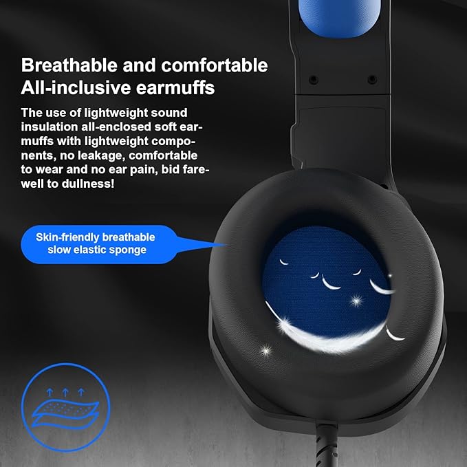 Anivia MH602 Gaming Headset Compatible with PC PS5 PS4 Xbox One Mac Laptop, Wired Stereo Over-Ear Headphones with Noise Cancelling Mic, Soft Memory Earmuffs for Adults & Kids, Black-Blue