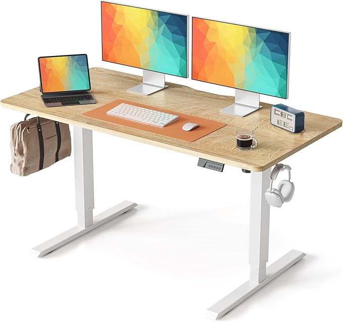 Cubiker Standing Desk, 55x24 Inches Sit Stand Home Office Desk, Electric Stand up Desk, Adjustable Desk with Splice Board, White Frame/Maple Top