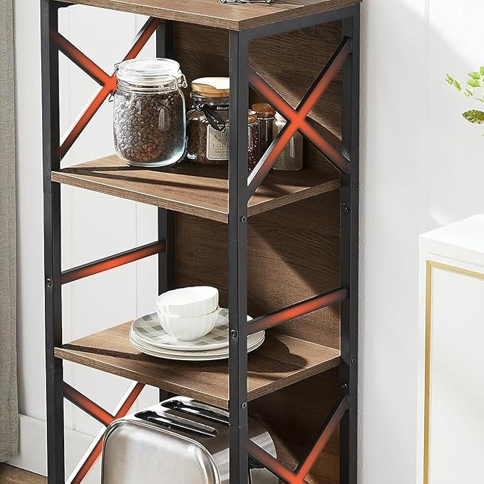 MNEETRUNG Small Bookshelf,5 Tier Industrial Bookshelf with Metal Frame and Backboard,Narrow Rustic Brown Book Shelf,Book case for Small Spaces,Living Room,Bedroom and Home Office