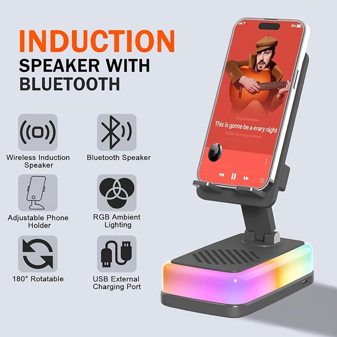 Wireless Induction Speaker with 180° Flexible Phone Stand, Bluetooth 5.3 Speaker for Desk with 3000mAh Emergency Power Bank, 5 in 1 Phone Speaker Amplifier with RGB Light, Gift for Men Women (Black)