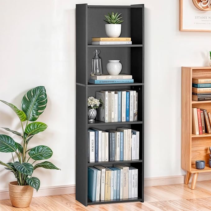 5 Tier Open Bookshelf, 52 Inch Bookcase Storage Rack for CDs Movies Book, Freestanding Wood Open Bookshelf for Living Room Bedroom Study Office, Black