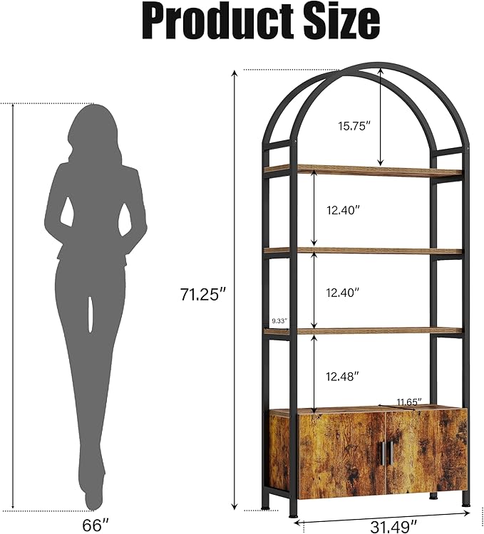 Jehiatek Arched Bookshelf with Storage Cabinet 71 Inch Tall Industrial Bookcase 5 Tier Open Display Shelf with Hidden Storage Rustic Wood and Metal Bookshelf for Living Room Bedroom Home Office