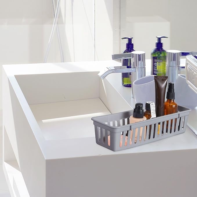 Domensi 24 Pack Slim Plastic Storage Baskets Tray for Organizing 10.25x3.25x2.5 Inch Small Narrow Storage Bins Stackable Drawer Pencil Trays Holder for Desk Garage Cabinet Container (Gray)