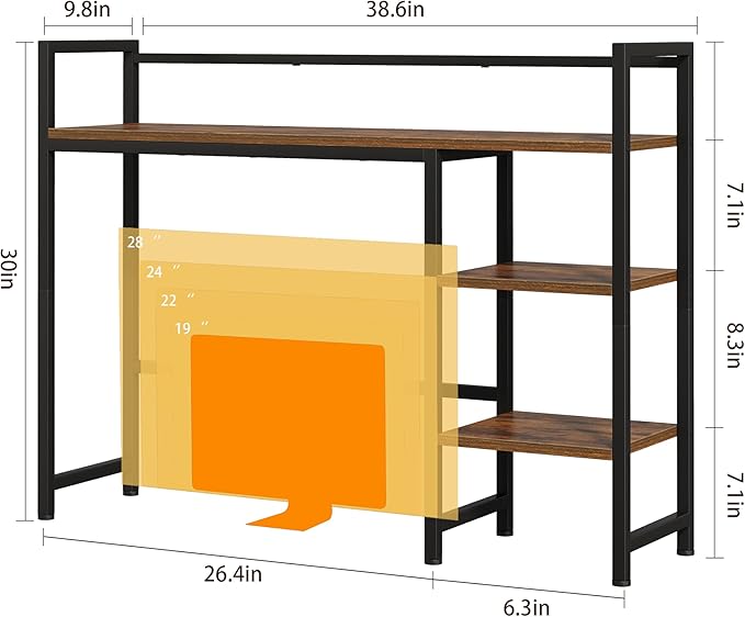 38.6" Desk Shelf with 3 Tier Open Shelves, Bookshelf and Deskshelf to Combined for Computer Desk, Desk Hutch for Top of Desk, Bookshef for Dorm or Office, Adjustable Shelf, Rustic Brown