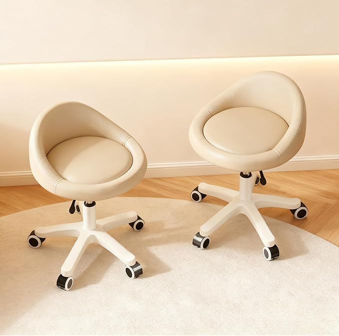 Swivel Rolling Stool with Wheels, Height Adjustable PU Leather Drafting Chair, Round Seat for Salon, Spa, Tattoo, Office, Home Use Khaki Set of 2